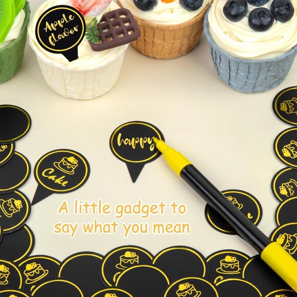 50 PCS Black and Yellow Cupcake Toppers with 1 Gold Pen - Perfect for Parties - Picture 1 of 4